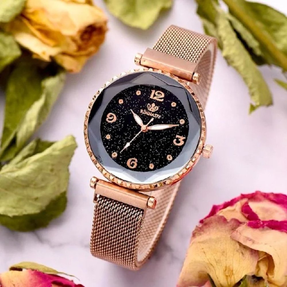 NWB Rose Gold Starry Sky Rinnady Mesh Bracelet Watch with Magnetic closure